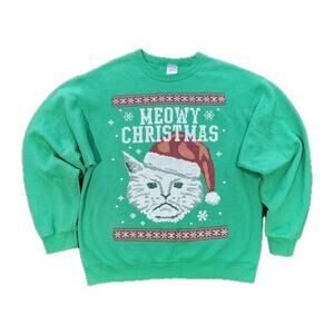 Jerzees Grumpy Cat Meowy Christmas Sweatshirt Unisex Green Size Large Holiday